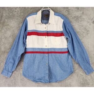 Roper Shirt Womens Large Red White Blue Denim Western Button Long Sleeve Vintage